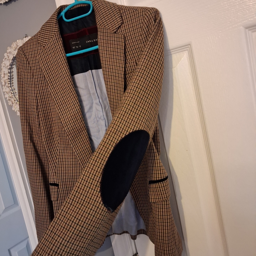 Zara Tan Checkered Blazer with Black Elbow Patches